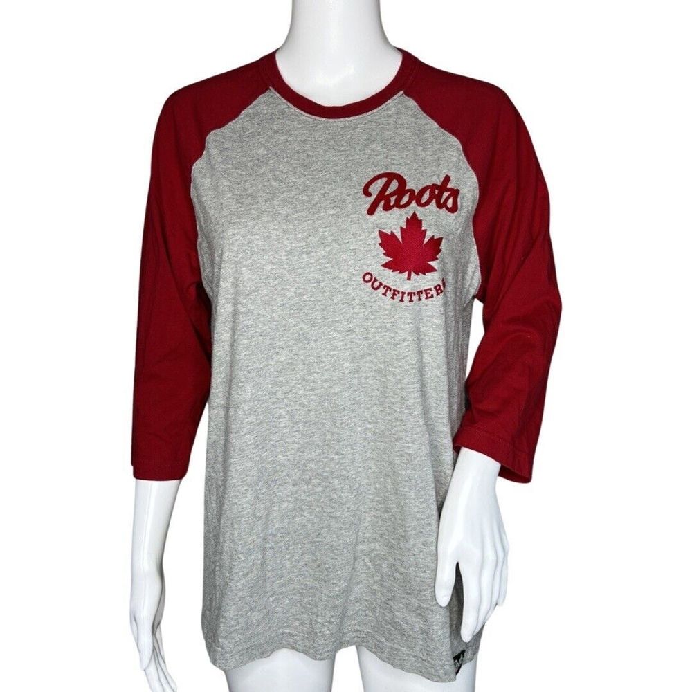 Roots Shirt Womens Small Gray Red Raglan Baseball Tee Sporty Casual Versatile